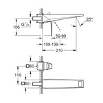 Grohe Allure Brilliant Duvardan Ankastre (L-Boy) Lavabo Bataryası (Sıva Üstü Grubu), Fırçalı Sert Grafit - Teknik Çizim