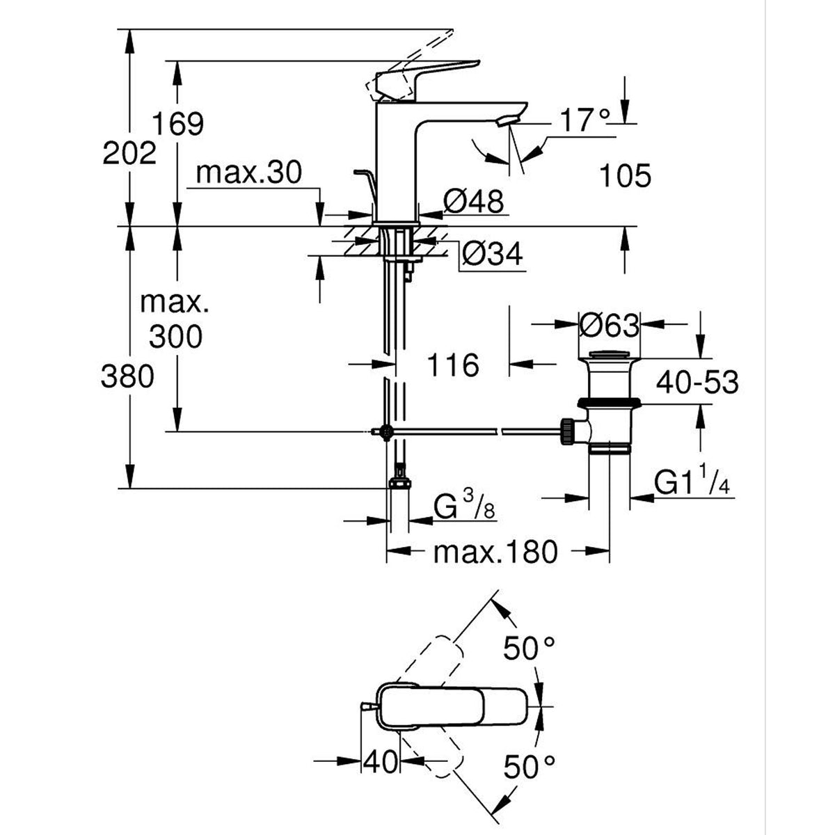 Grohe Cubeo Lavabo Bataryası, M-Boy (Sifon Kumandalı) - Teknik Çizim