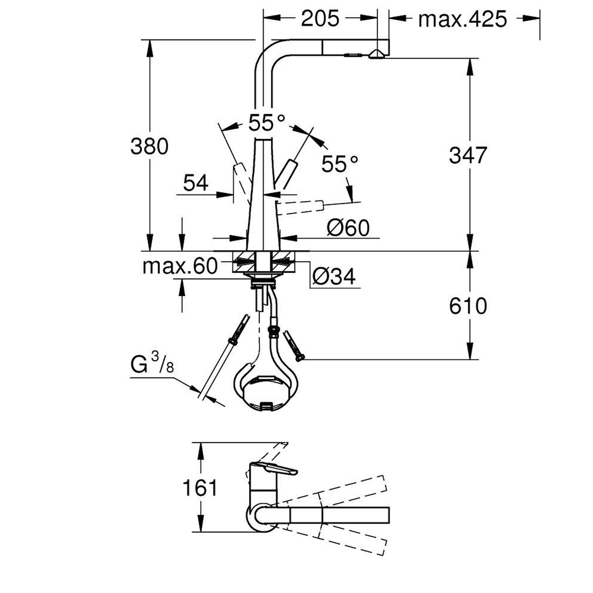 Grohe Zedra Spiralli Eviye Bataryası - Teknik Çizim