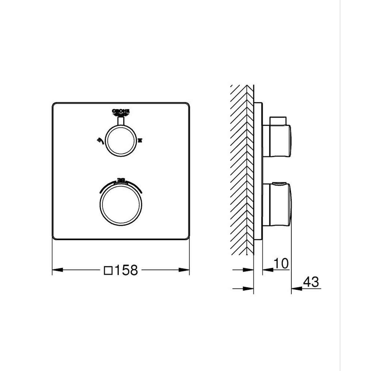 Grohe Grohtherm Termostatik Banyo/Duş Bataryası (Sıva Üstü Grubu), 2 Yollu, Mat Siyah - Teknik Çizim