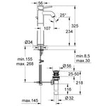 Grohe BauClassic Tezgah Üstü Lavabo Bataryası, Sifon Kumandalı - Teknik Çizim