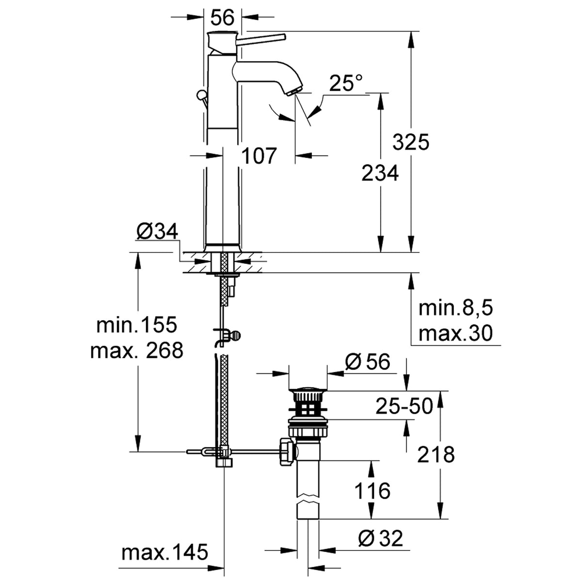 Grohe BauClassic Tezgah Üstü Lavabo Bataryası, Sifon Kumandalı - Teknik Çizim