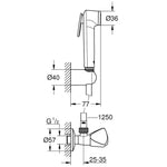 Grohe Tempesta-F Taharet Spreyi, 1 Akışlı (Duvar Askısı ve Ara Musluk Dahildir) - Teknik Çizim