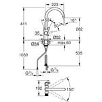 Grohe Blue Pure BauCurve Arıtma Çıkışlı Eviye Bataryası - Teknik Çizim