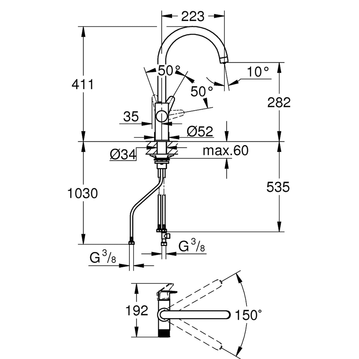 Grohe Blue Pure BauCurve Arıtma Çıkışlı Eviye Bataryası - Teknik Çizim