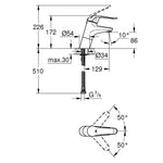Grohe Euroeco Special Uzun Kumanda Kollu Lavabo Bataryası - Teknik Çizim