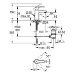 Grohe Eurostyle Lavabo Bataryası, Sifon Kumandalı - Teknik Çizim