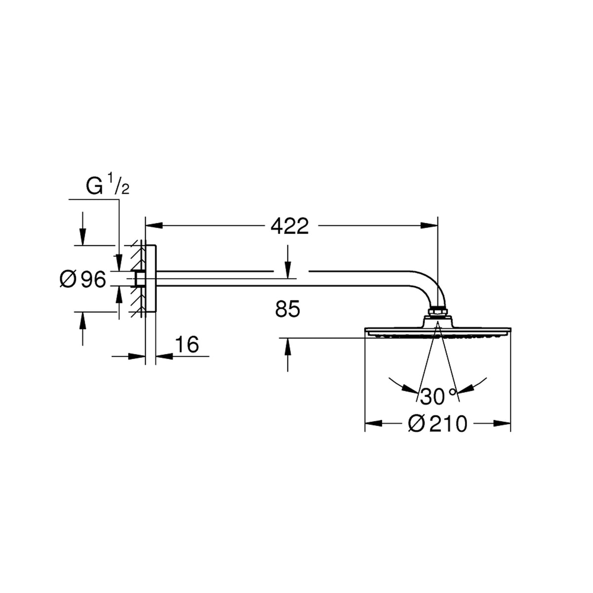 Grohe Rainshower Cosmopolitan 210 Duş Başlığı ve 42 cm Duvardan Dirsek - Teknik Çizim