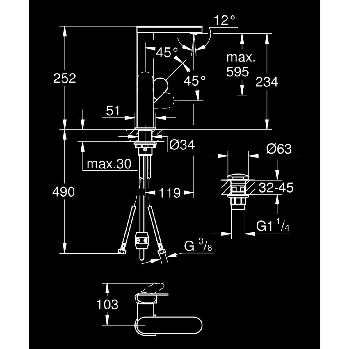 Grohe Plus Spiralli Yüksek Lavabo Bataryası - Teknik Çizim