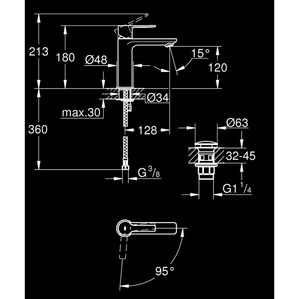 Grohe Lineare Lavabo Bataryası (S-Boy) - Teknik Çizim