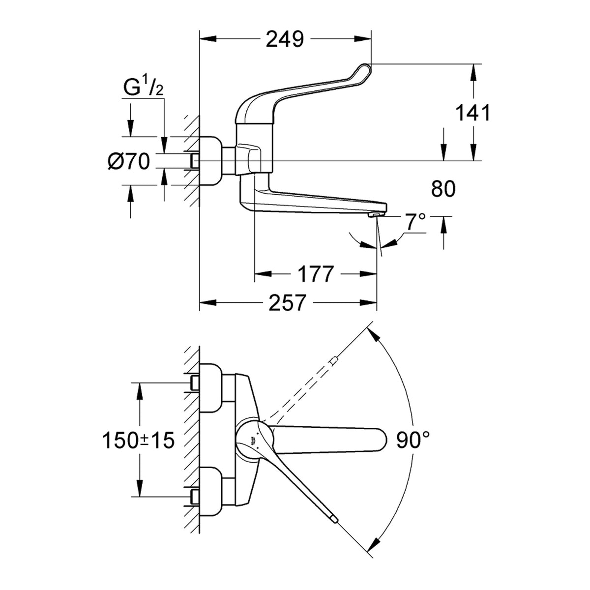 Grohe Euroeco Special / SSC Bedensel Engelli Duvardan Lavabo Bataryası - Teknik Çizim
