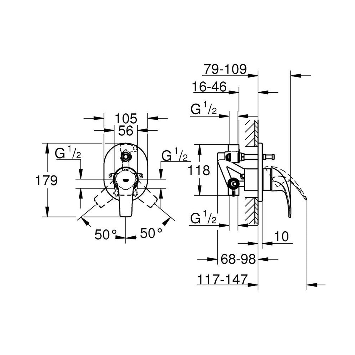 Grohe BauCurve Ankastre Banyo Bataryası, 2 Yollu - Teknik Çizim