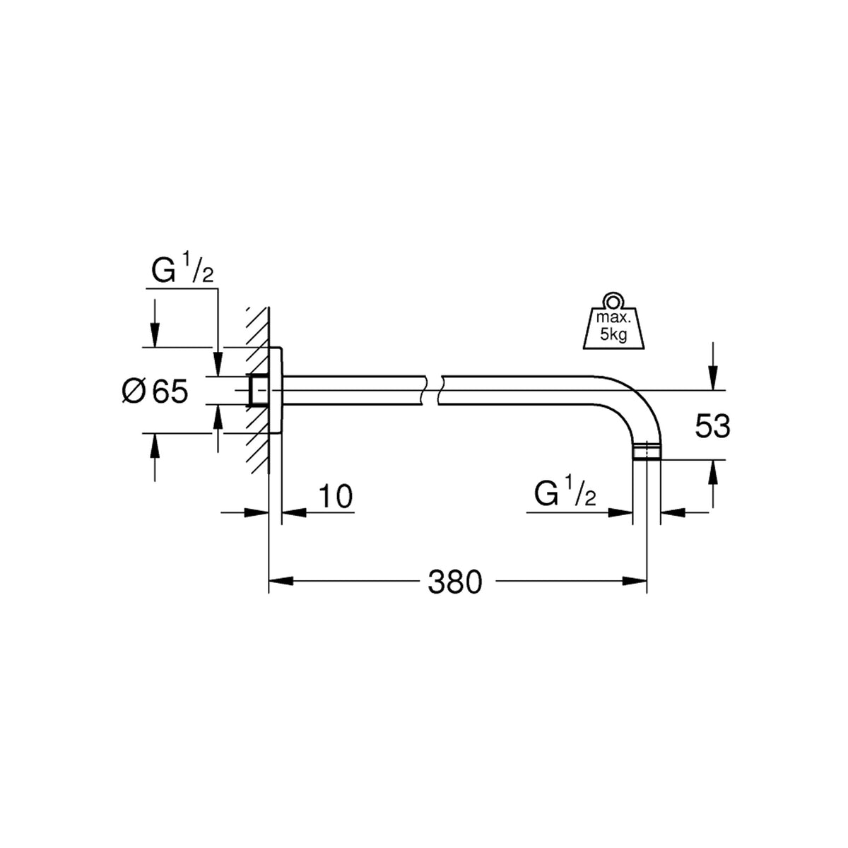Grohe Rainshower Duş Başlığı Kolu, 380 mm - Teknik Çizim