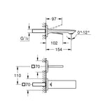 Grohe Allure Duvardan Ankastre Lavabo Bataryası (Sıva Üstü Grubu), Fırçalı Sert Grafit - Teknik Çizim