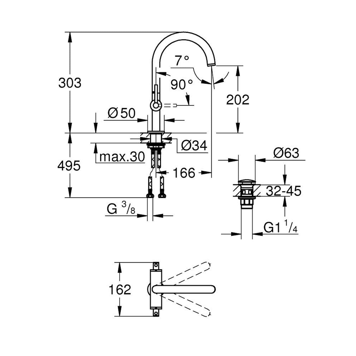 Grohe Atrio Yüksek Lavabo Bataryası (L-Boy), Mat Siyah - Teknik Çizim