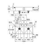 Grohe K800 Çift Gözlü Eviye, Paslanmaz Çelik (102x51 cm) - Teknik Çizim