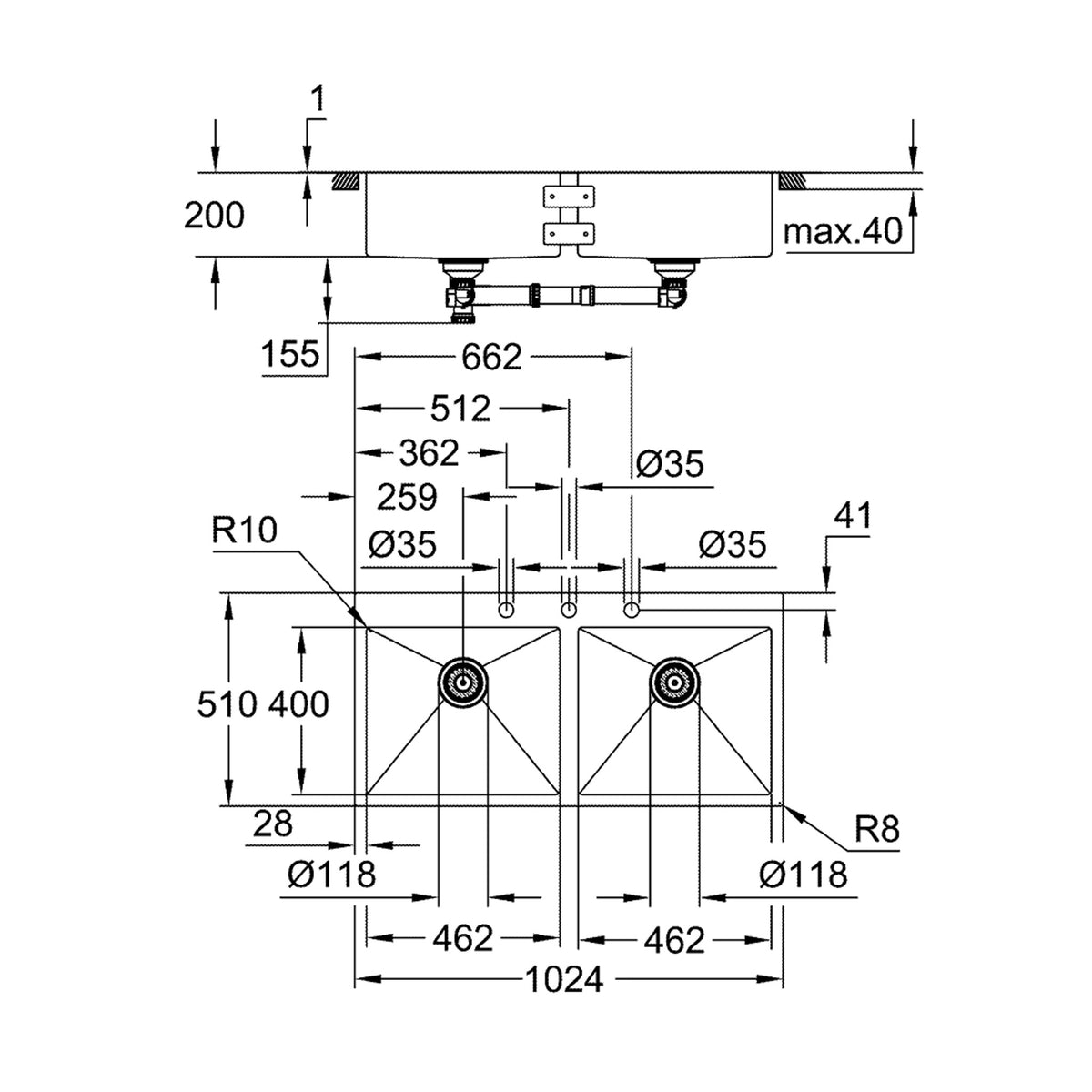 Grohe K800 Çift Gözlü Eviye, Paslanmaz Çelik (102x51 cm) - Teknik Çizim