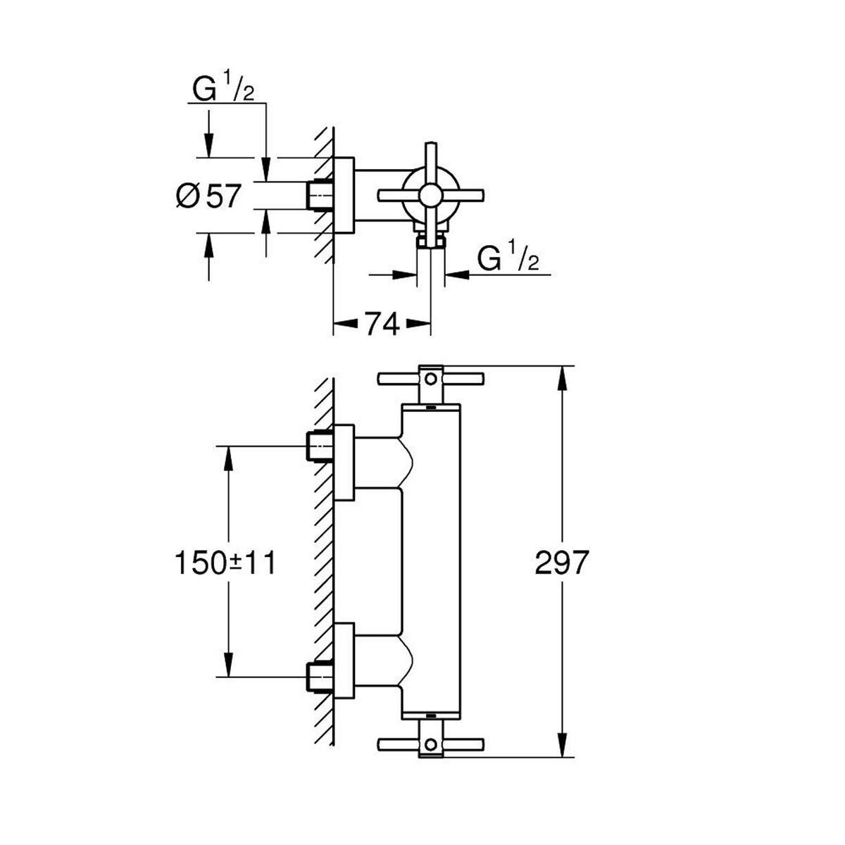 Grohe Atrio Duş Bataryası (4 Çubuklu Volan), Bakır - Teknik Çizim