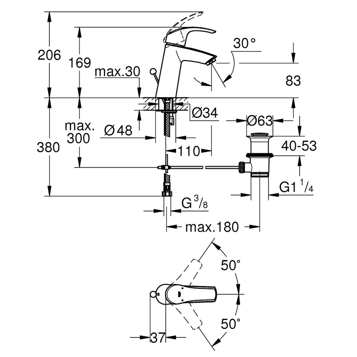 Grohe Eurosmart Lavabo Bataryası (Sifon Kumandalı) - Teknik Çizim