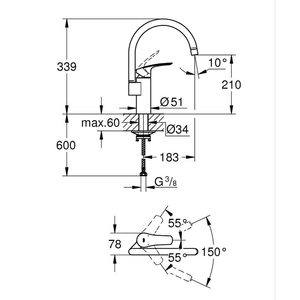 Grohe Eurosmart Kuğu Borulu Eviye Bataryası - Teknik Çizim