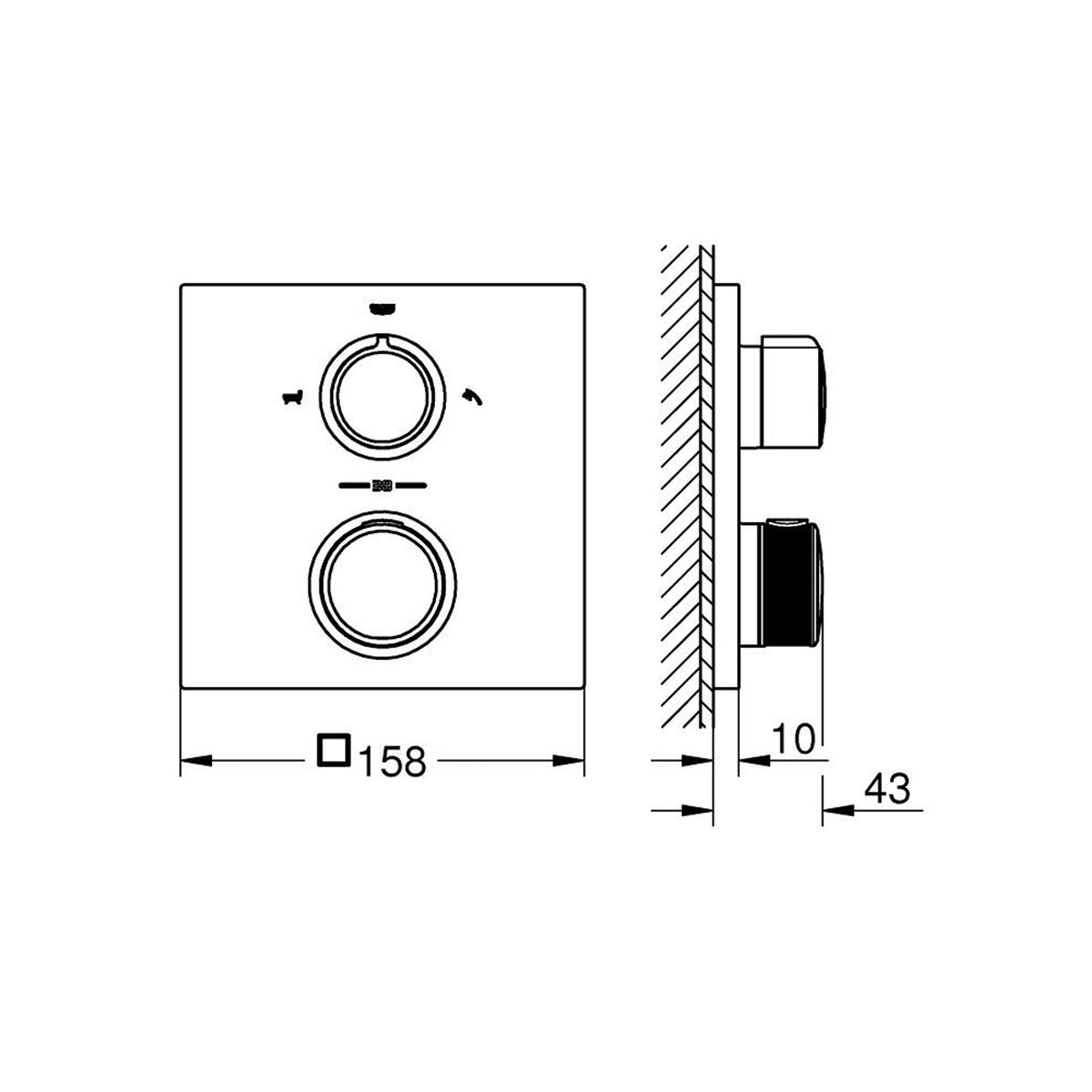 Grohe Allure Termostatik Ankastre Banyo ve Duş Bataryası (Sıva Üstü Grubu), 2 Yollu, Bakır - Teknik Çizim