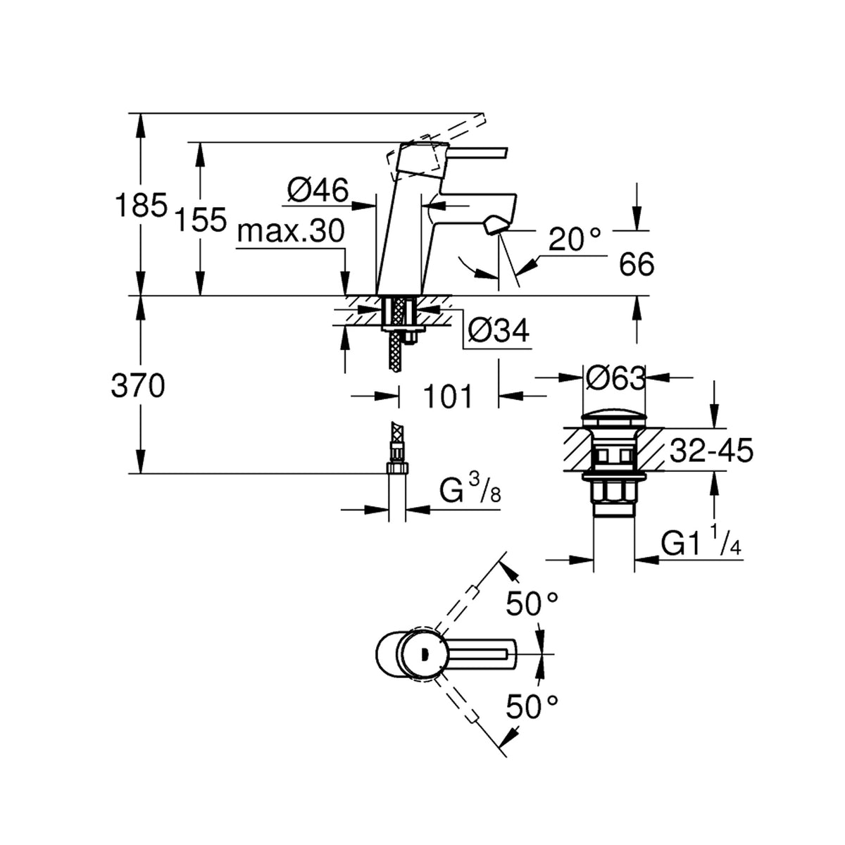 Grohe Concetto Lavabo Bataryası (S-Boy) - Teknik Çizim