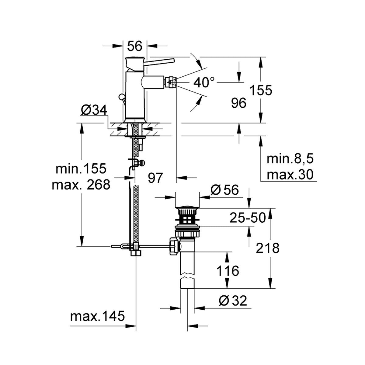 Grohe BauClassic Sifon Kumandalı Bide Bataryası (M-Boy) - Teknik Çizim