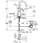 Grohe BauEdge Yüksek Lavabo Bataryası, Sifon Kumandalı (L Boy) - Teknik Çizim