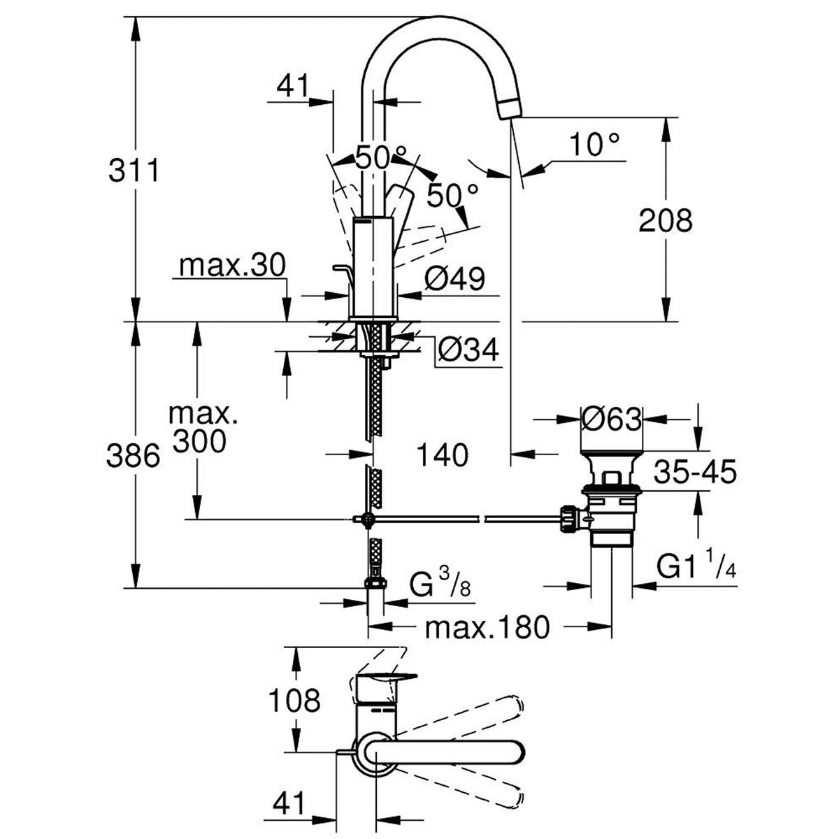 Grohe BauEdge Yüksek Lavabo Bataryası, Sifon Kumandalı (L Boy) - Teknik Çizim