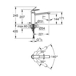 Grohe Eurocosmo Eviye Bataryası (Uzun Başlıklı) Paslanmaz Çelik - Teknik Çizim