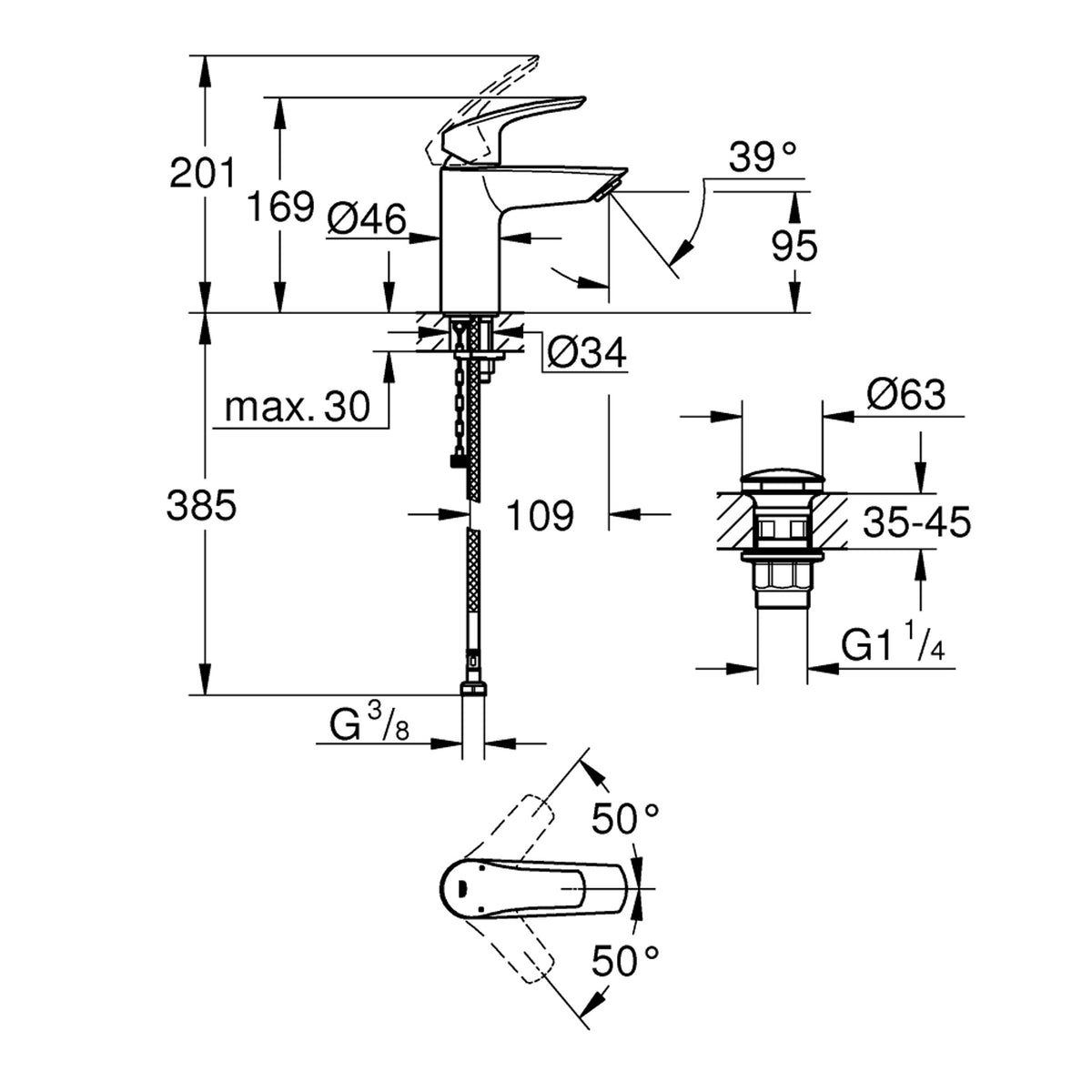 Grohe Eurosmart Termostatik Özellikli Lavabo Bataryası (S-Boy) - Teknik Çizim