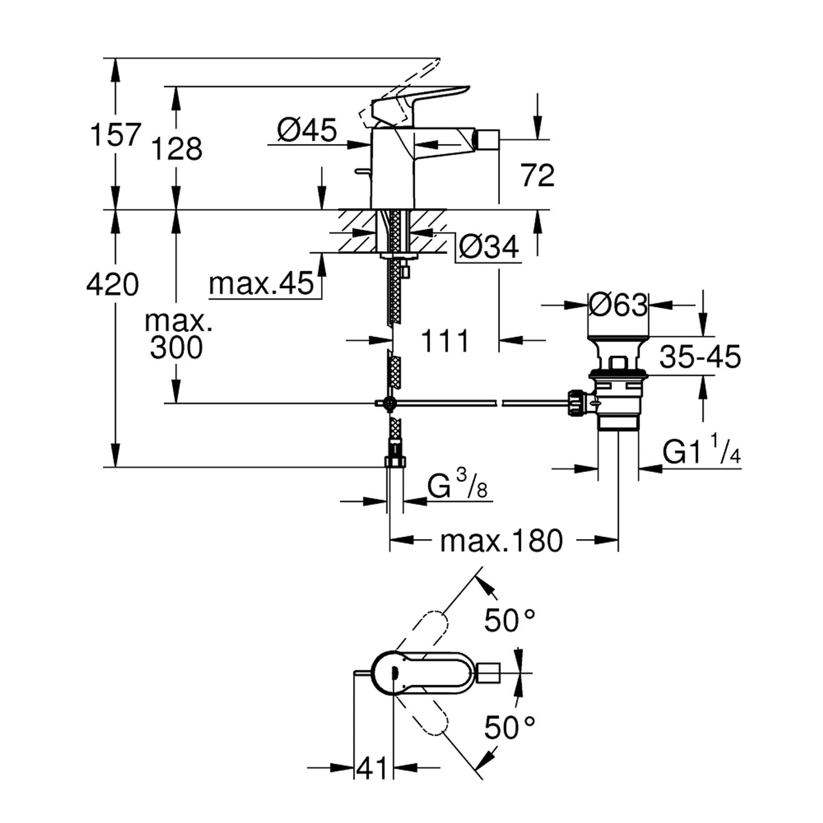 Grohe BauEdge Sifon Kumandalı Bide Bataryası - Teknik Çizim