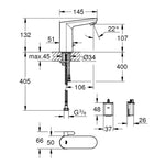 Grohe Eurosmart Cosmopolitan E Fotoselli Lavabo Bataryası (Çift Su Girişli, Pilli, Sıcak Soğuk Su Ayarlı) - Teknik Çizim