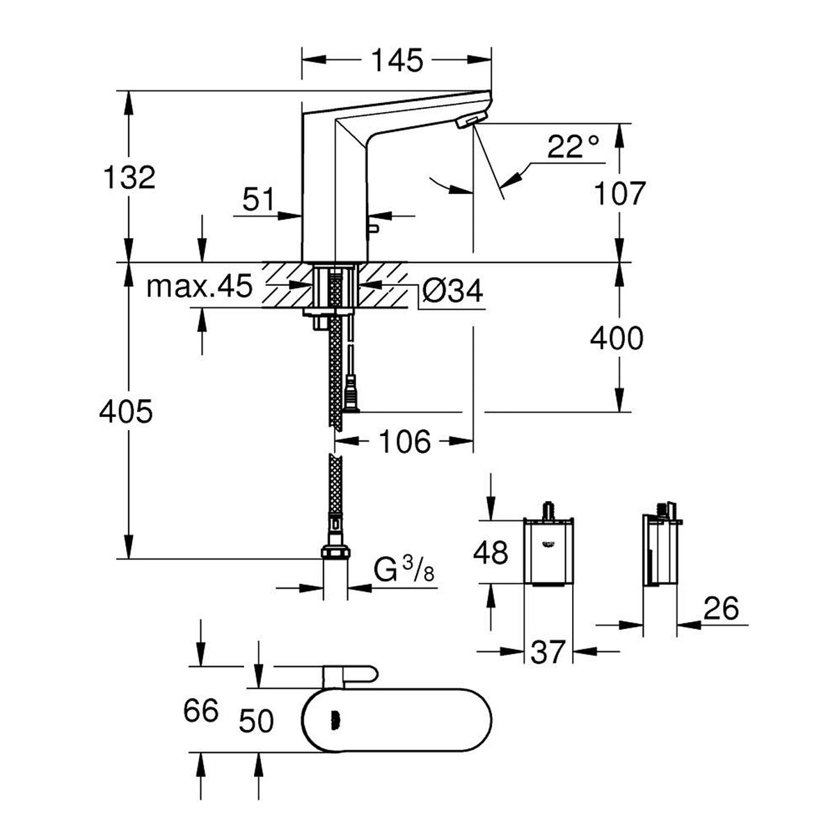Grohe Eurosmart Cosmopolitan E Fotoselli Lavabo Bataryası (Çift Su Girişli, Pilli, Sıcak Soğuk Su Ayarlı) - Teknik Çizim
