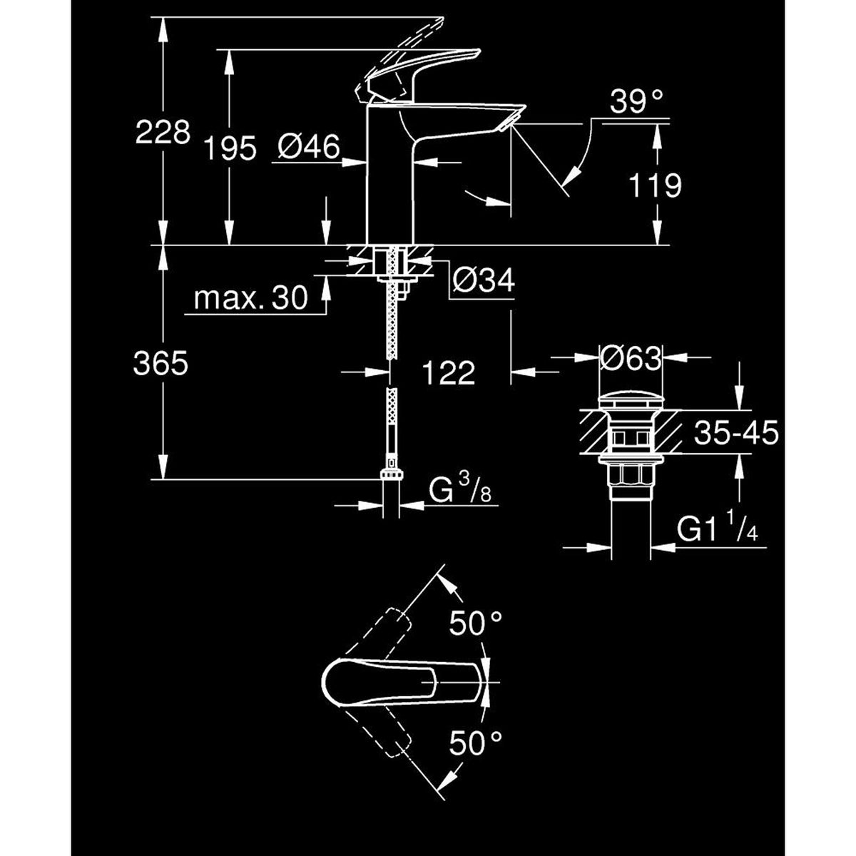 Grohe Eurosmart Lavabo Bataryası (M-Boy) - Teknik Çizim