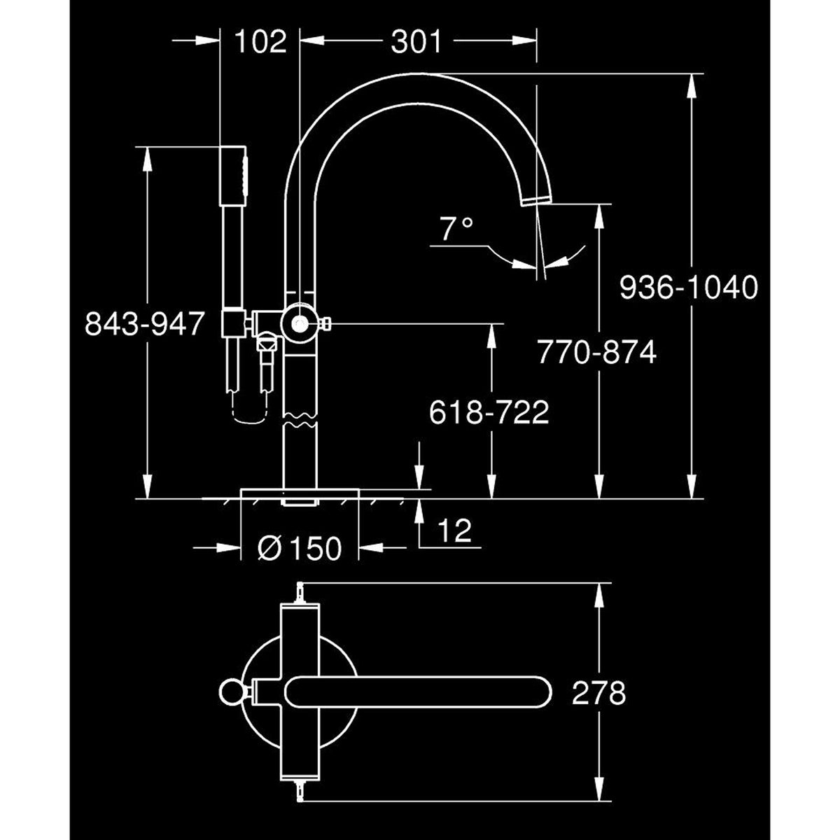 Grohe Atrio Private Collection Tek Yerden Küvet Bataryası (Sıva Üstü Grubu) - Teknik Çizim
