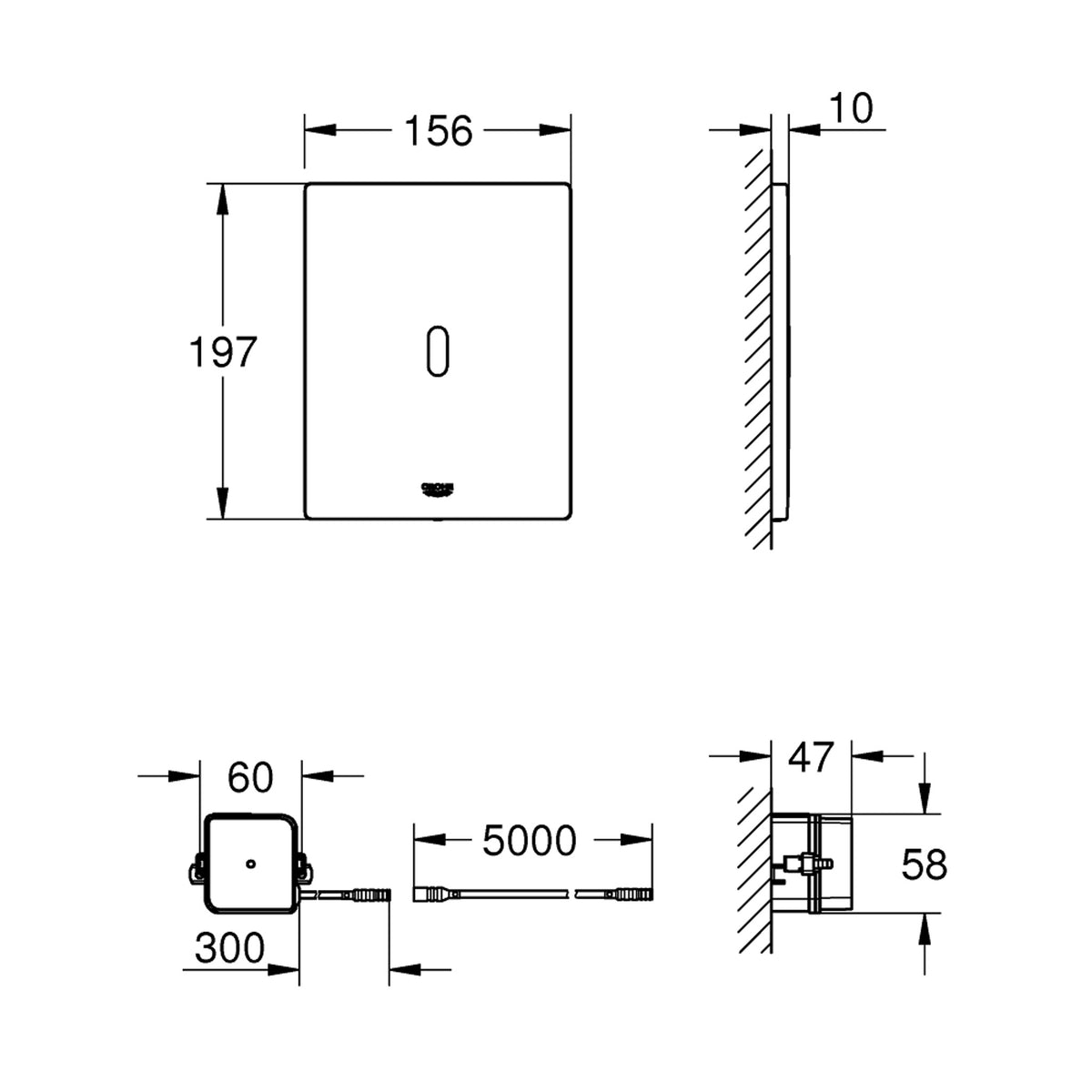 Grohe Tectron Bau E Fotoselli Gömme Rezervuar Kumanda Paneli (Sıva Üstü Grubu, Elektrikli), Hayalet Siyah - Teknik Çizim