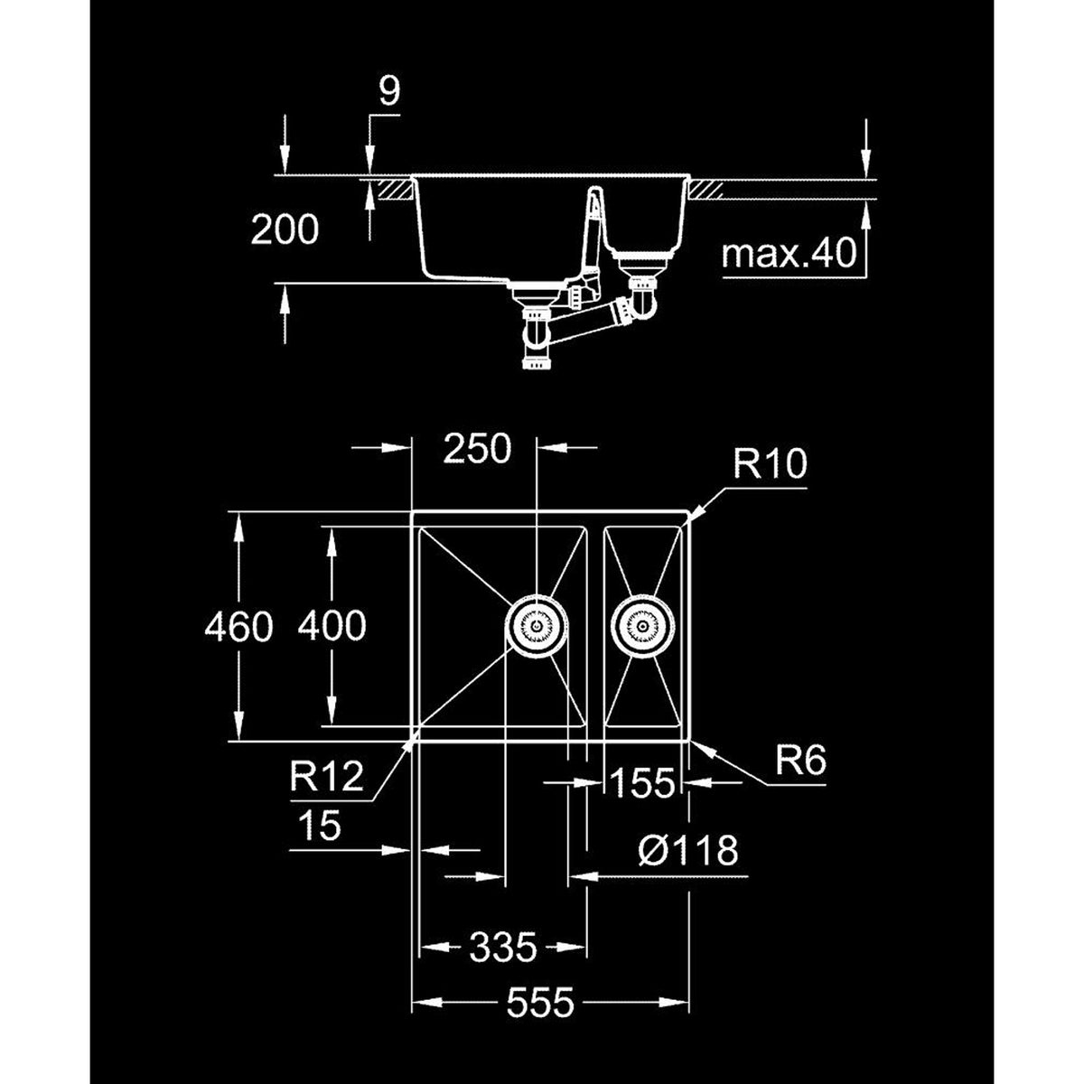 Grohe K500 Kompozit 1,5 Gözlü Eviye, Granit Siyah - Teknik Çizim