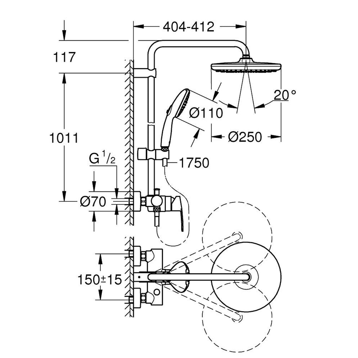 Grohe Tempesta System 250 Duvara Monte Duş Bataryalı Duş Kolonu, Krom-Beyaz - Teknik Çizim