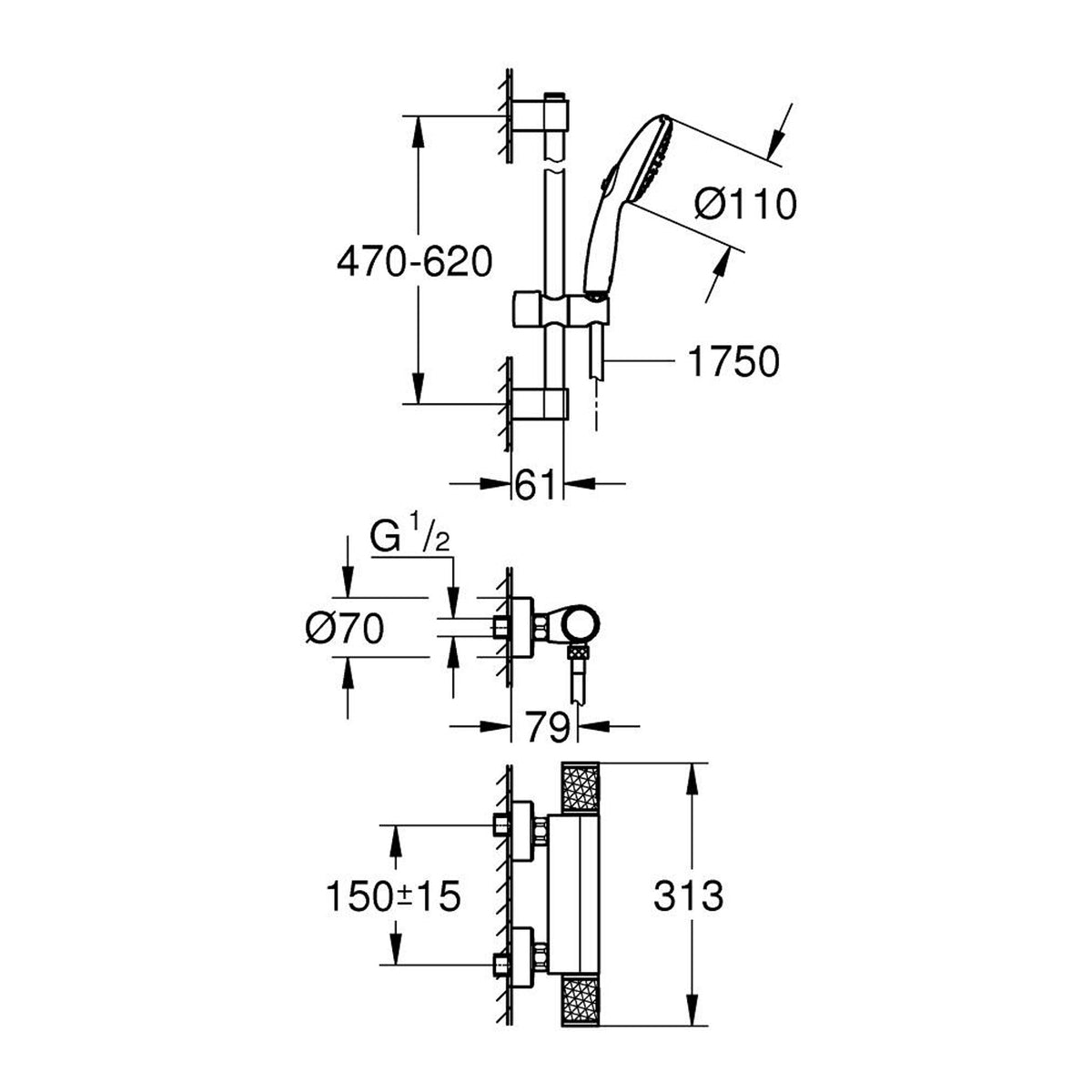 Grohe Grohtherm 1000 Performance Termostatik Duş Bataryası ve Sürgülü El Duşu Seti - Teknik Çizim