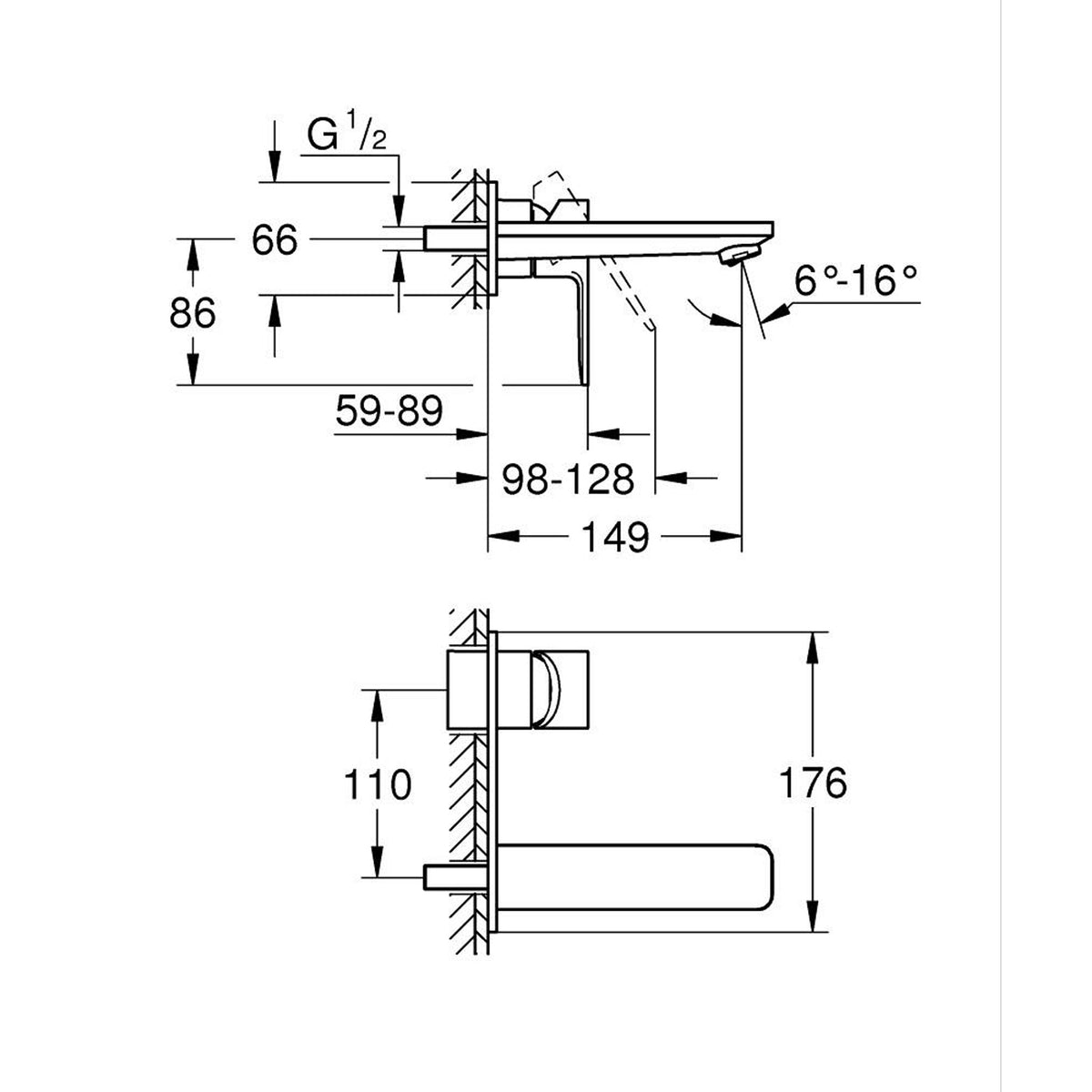 Grohe Lineare İki Delikli Ankastre Lavabo Bataryası (Sıva Üstü Grubu), Fırçalı Sert Grafit - Teknik Çizim