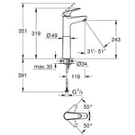 Grohe Euroeco Tezgah Üstü Lavabo Bataryası (XL Boy) - Teknik Çizim