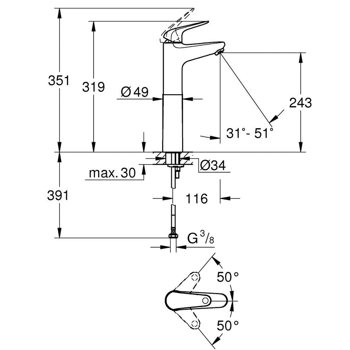 Grohe Euroeco Tezgah Üstü Lavabo Bataryası (XL Boy) - Teknik Çizim