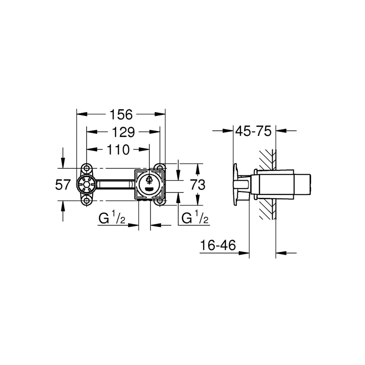 Grohe Duvardan Ankastre Lavabo Bataryası İçin Ankastre İç Gövde - Teknik Çizim
