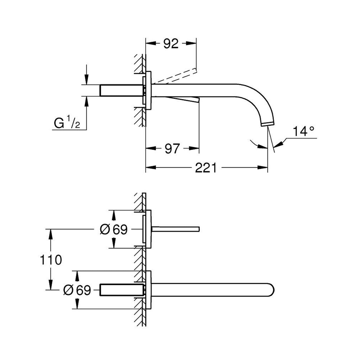 Grohe Atrio 2 Delikli Ankastre Lavabo Bataryası, (Sıva Üstü Grubu), Hayalet Siyah - Teknik Çizim