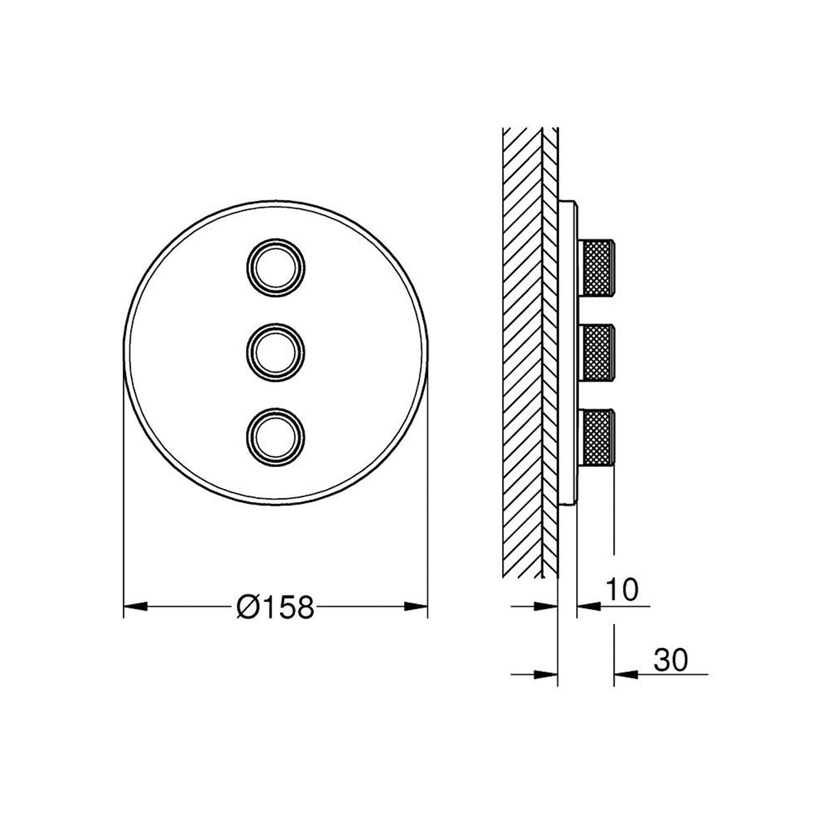 Grohe SmartControl Akış Kontrollü Ankastre Yönlendirici (3 Yollu, Sıva Üstü Grubu), Sert Grafit - Teknik Çizim