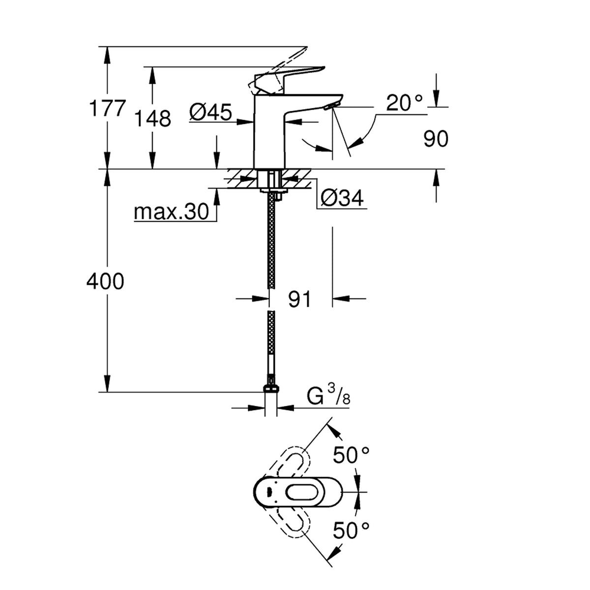 Grohe BauLoop Lavabo Bataryası, S-Boy - Teknik Çizim