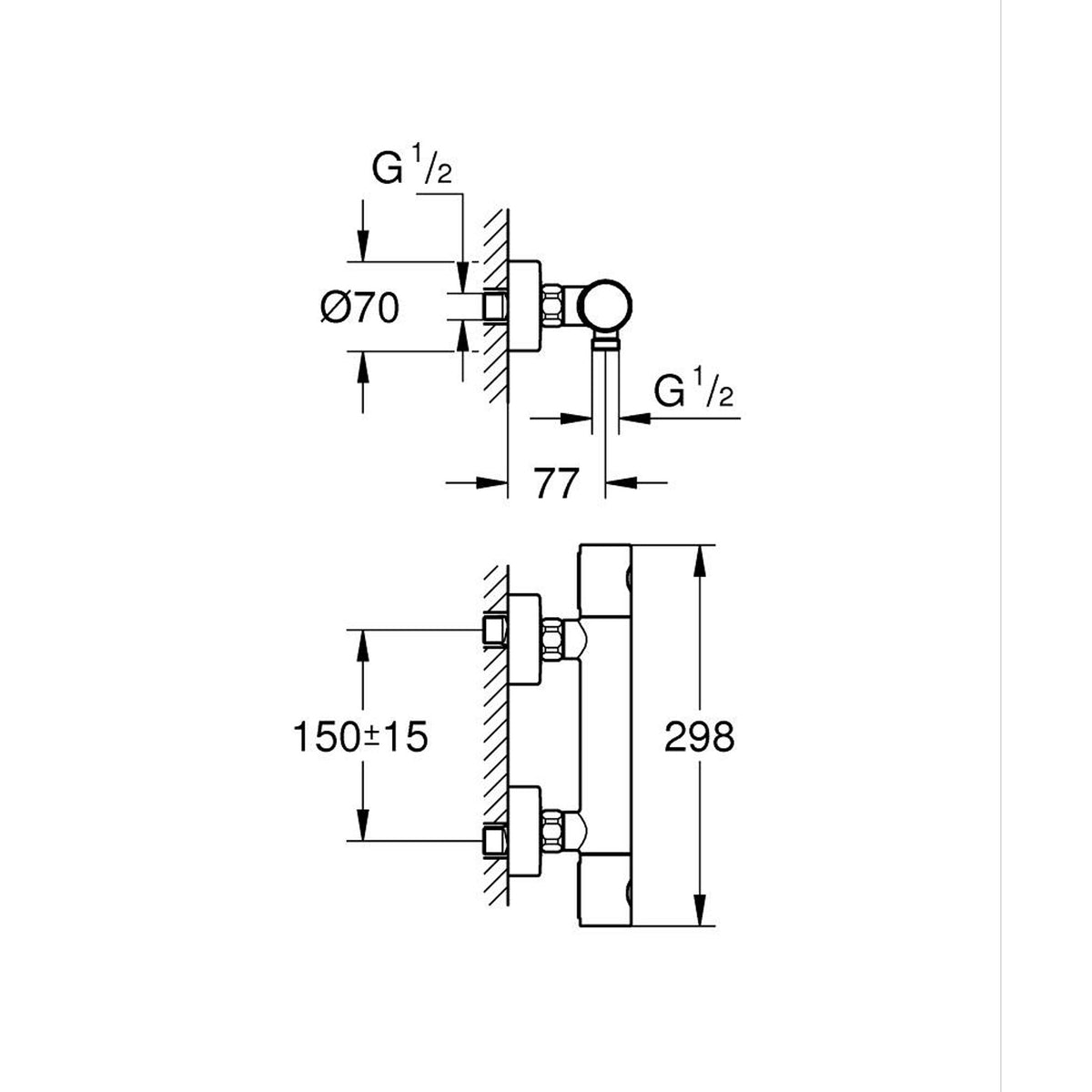Grohe Grohtherm 800 Cosmopolitan Termostatik Duş Bataryası - Teknik Çizim