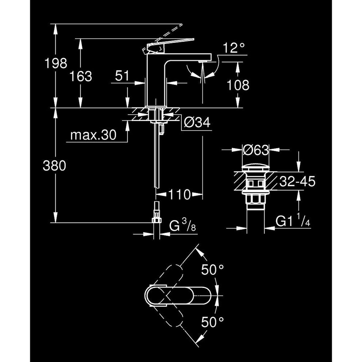 Grohe Plus Lavabo Bataryası - Teknik Çizim