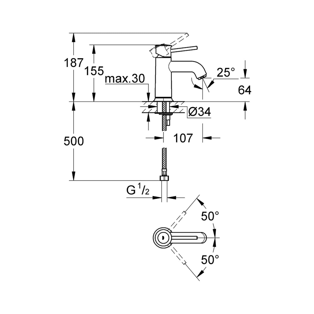 Grohe BauClassic Lavabo Bataryası - Teknik Çizim